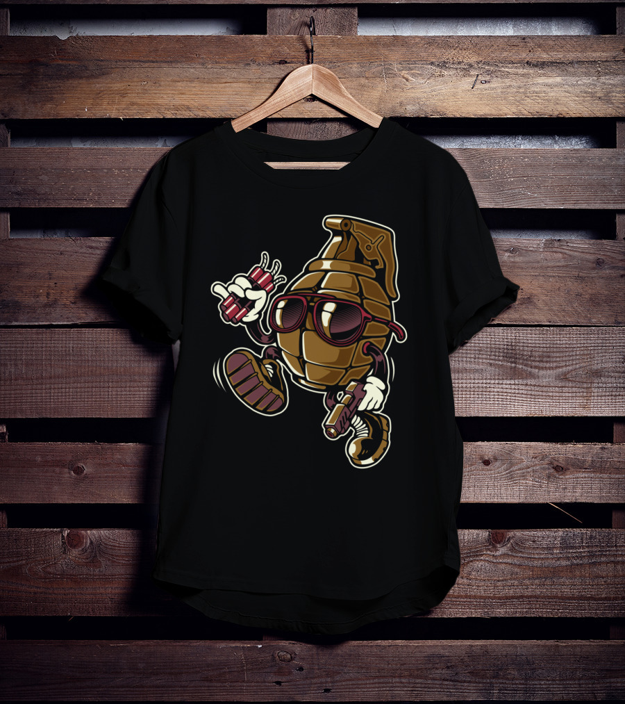 Grenade Sunglasses Walking Character With Dynamite And Gun T-Shirt