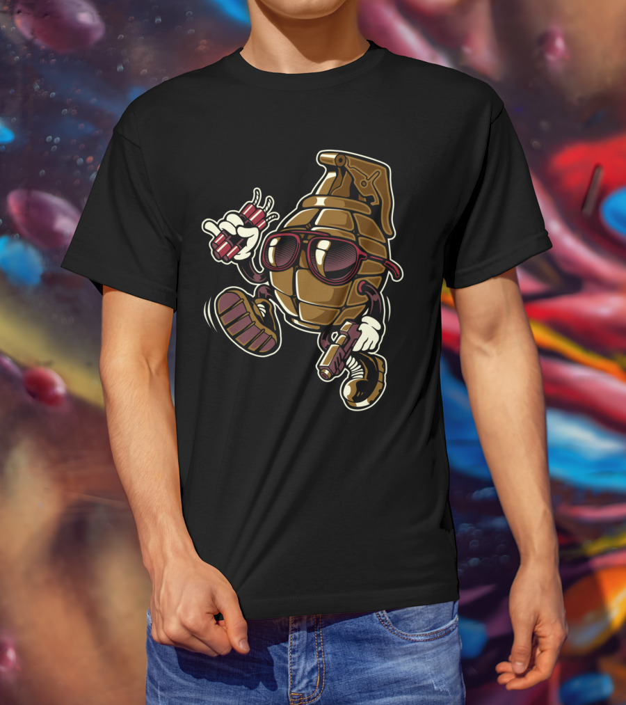 Grenade Sunglasses Walking Character With Dynamite And Gun T-Shirt