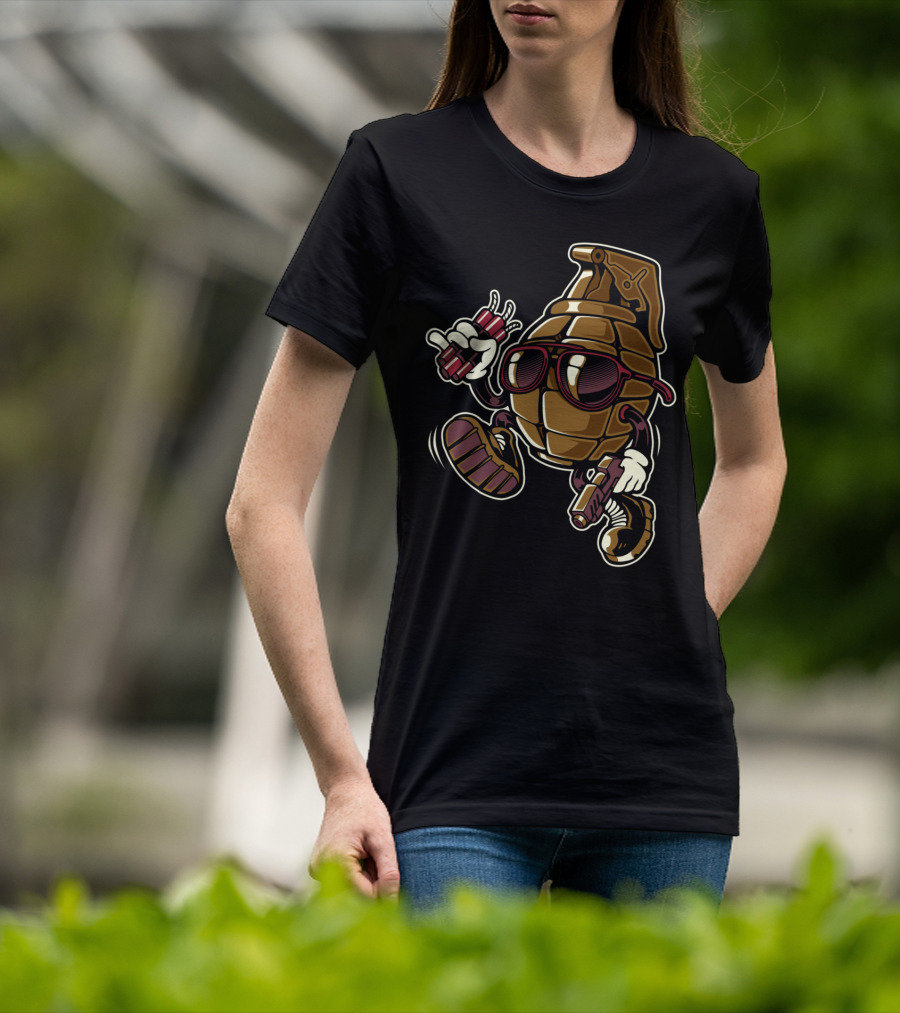 Grenade Sunglasses Walking Character With Dynamite And Gun T-Shirt