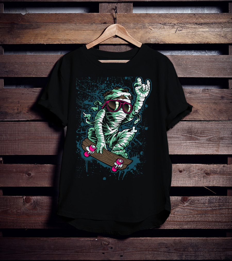 Return Mummy Skateboarding With Sunglasses Rock Hand Gesture T-Shirt