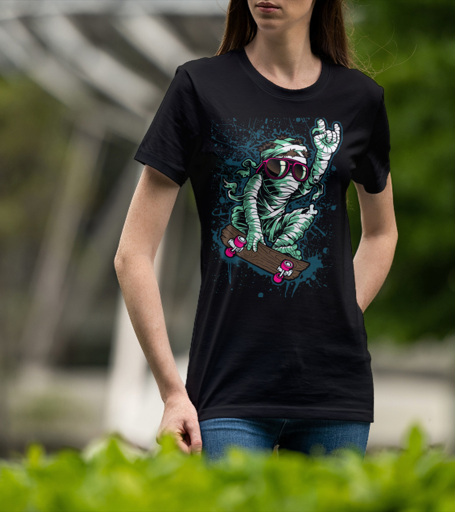 Return Mummy Skateboarding With Sunglasses Rock Hand Gesture T-Shirt