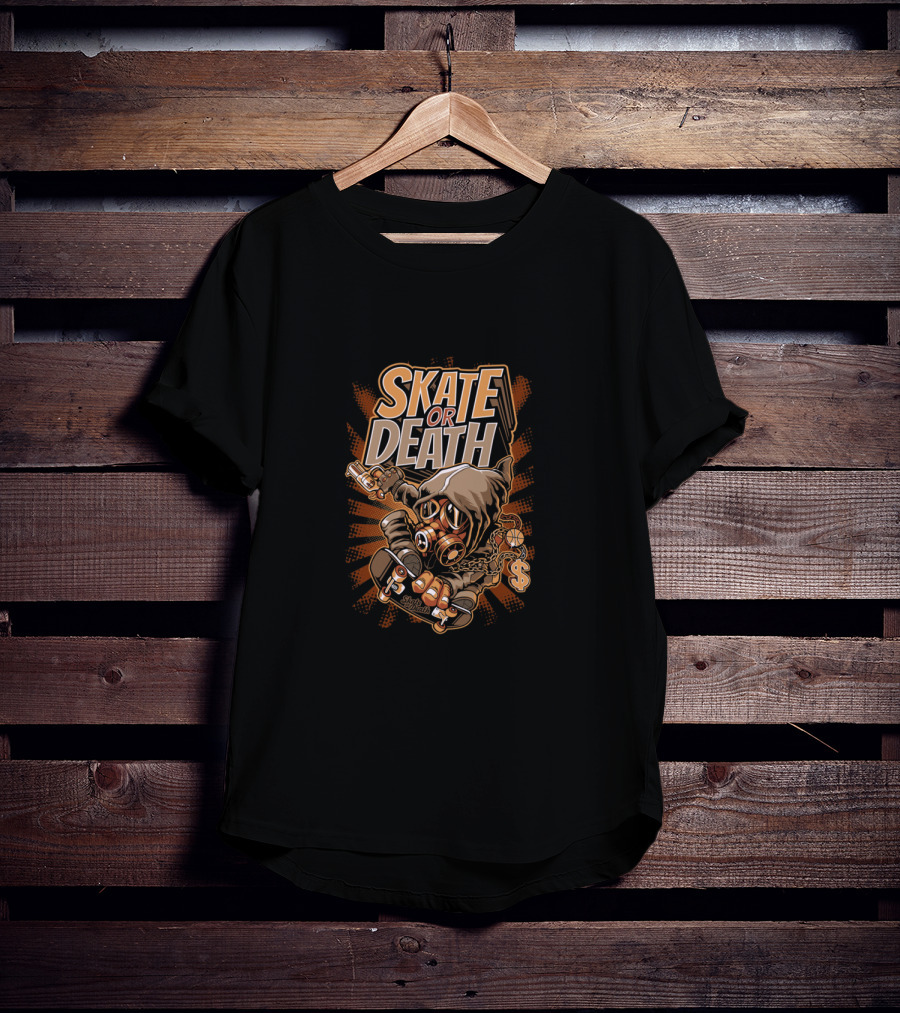 SKATE OR DEATH Graffiti-Style Gas Mask Skeleton Holding Cash And Gun On Skateboard T-Shirt