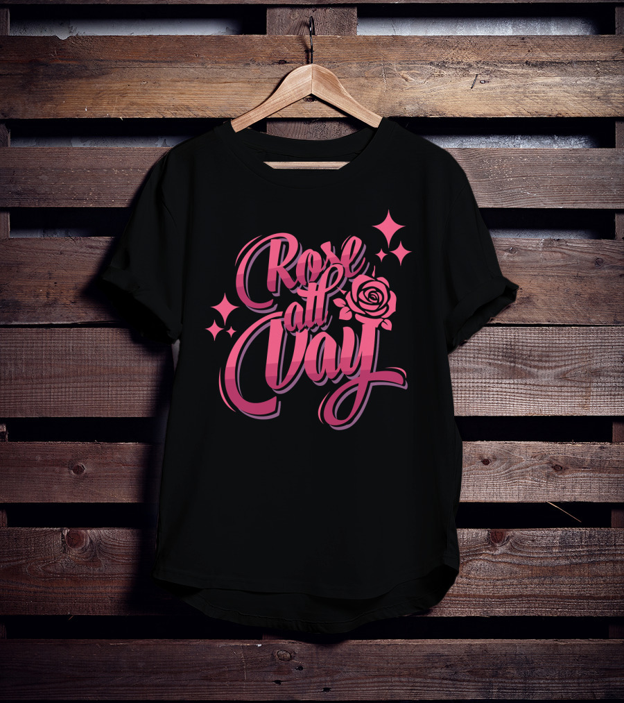 Rose All Day With Stylized Pink Rose And Stars T-Shirt