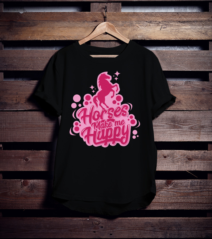 Horses Make Me Happy Pink Horse Silhouette With Stars And Circles T-Shirt