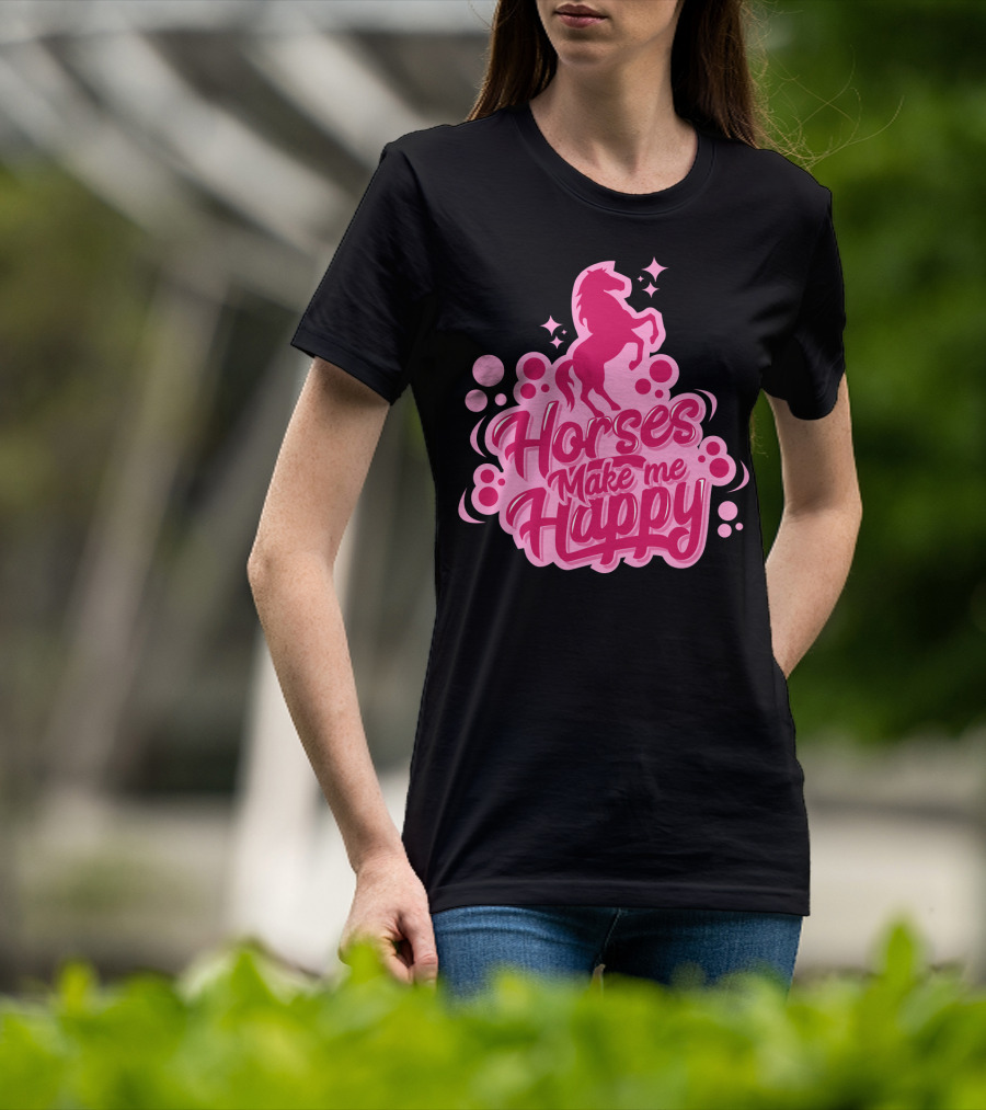 Horses Make Me Happy Pink Horse Silhouette With Stars And Circles T-Shirt