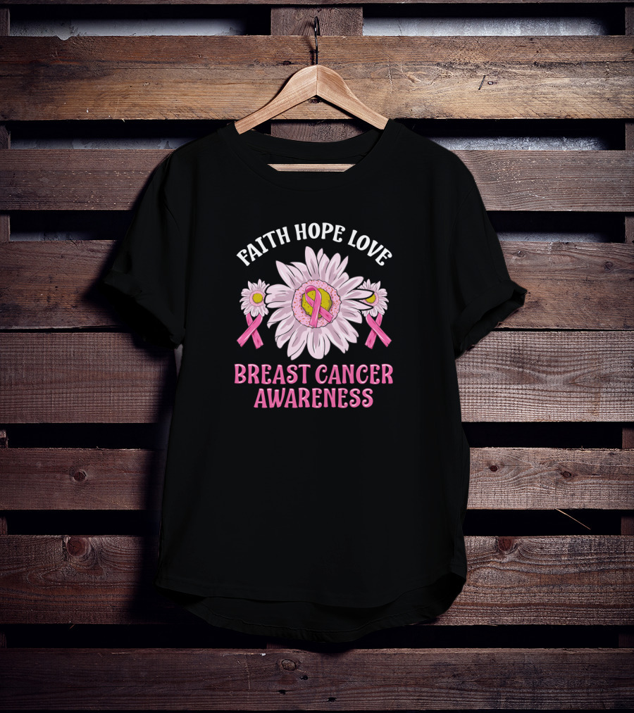 Faith Hope Love Breast Cancer Awareness Pink Ribbon Flower T-Shirt