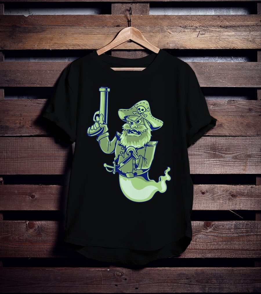 Ghost Pirate Jolly Roger Skull With Sword And Gun Spooky Specter T-Shirt