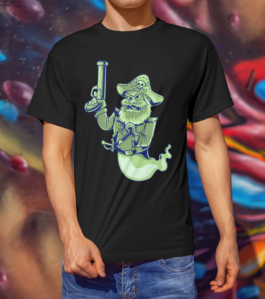 Ghost Pirate Jolly Roger Skull With Sword And Gun Spooky Specter T-Shirt