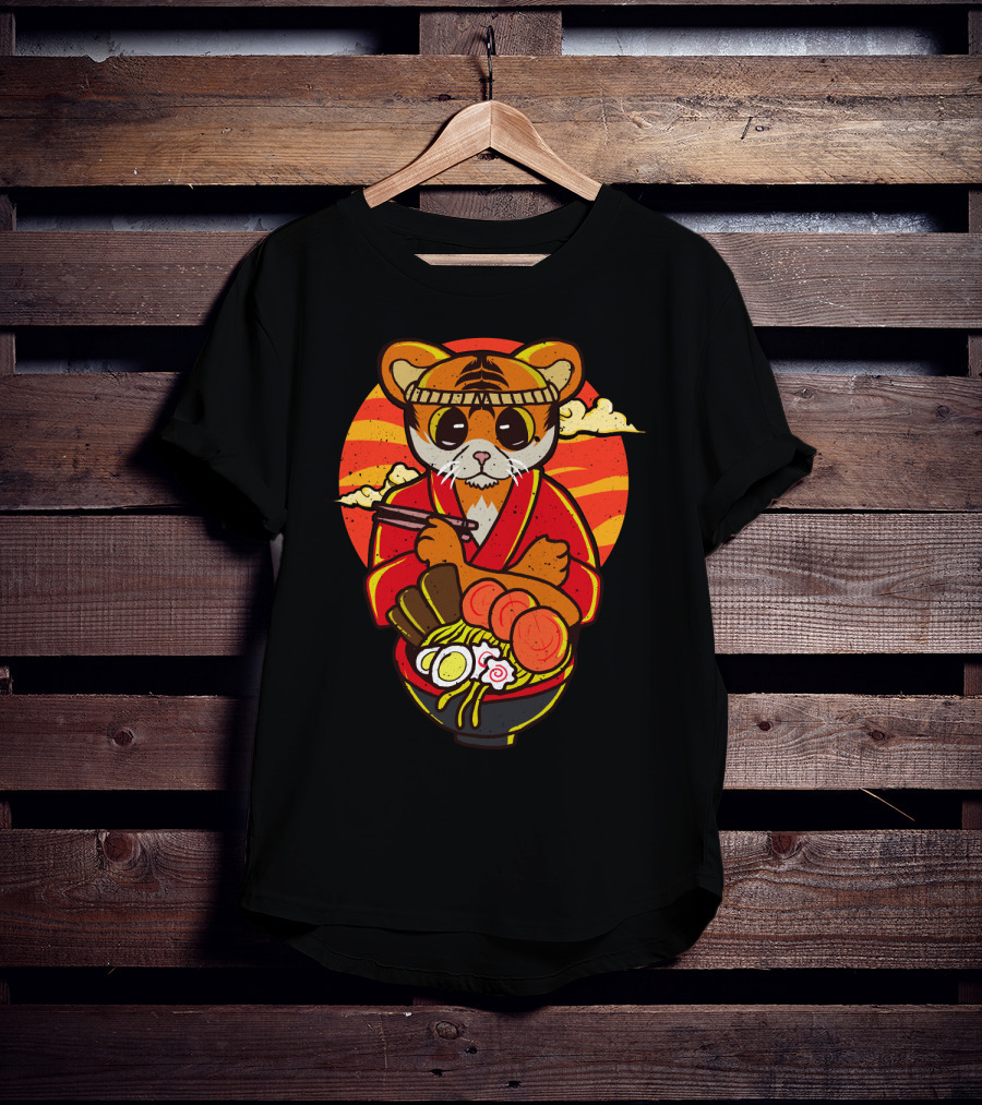 Kawaii Ramen Tiger In Kimono With Japanese Noodles And Sunset Background T-Shirt