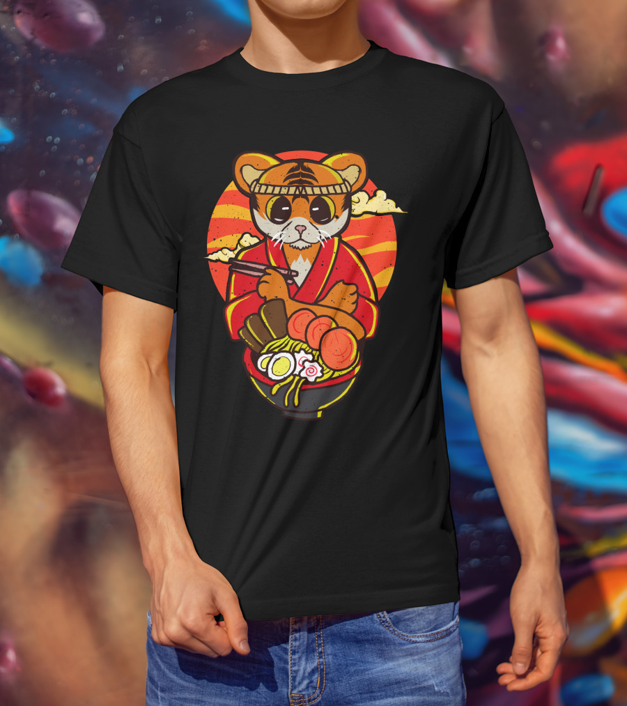 Kawaii Ramen Tiger In Kimono With Japanese Noodles And Sunset Background T-Shirt
