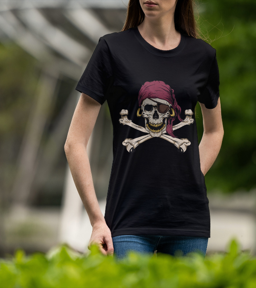 Pirate Jolly Roger Skull Crossbones Bandana Eyepatch Earring T-Shirt