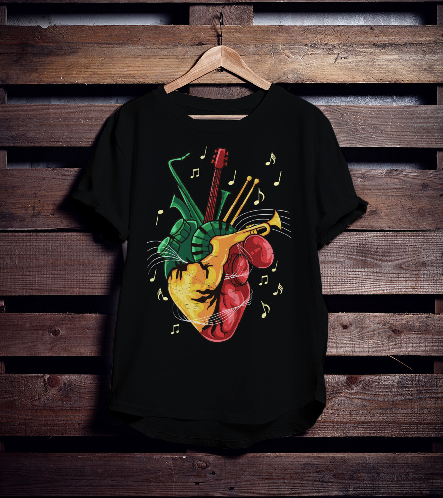 Reggae Lover Jamaican Heart Music Rastafari Instrument Fusion T-Shirt