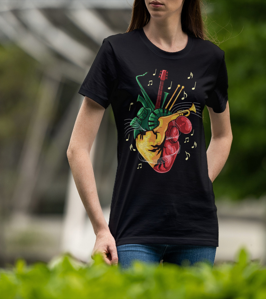 Reggae Lover Jamaican Heart Music Rastafari Instrument Fusion T-Shirt