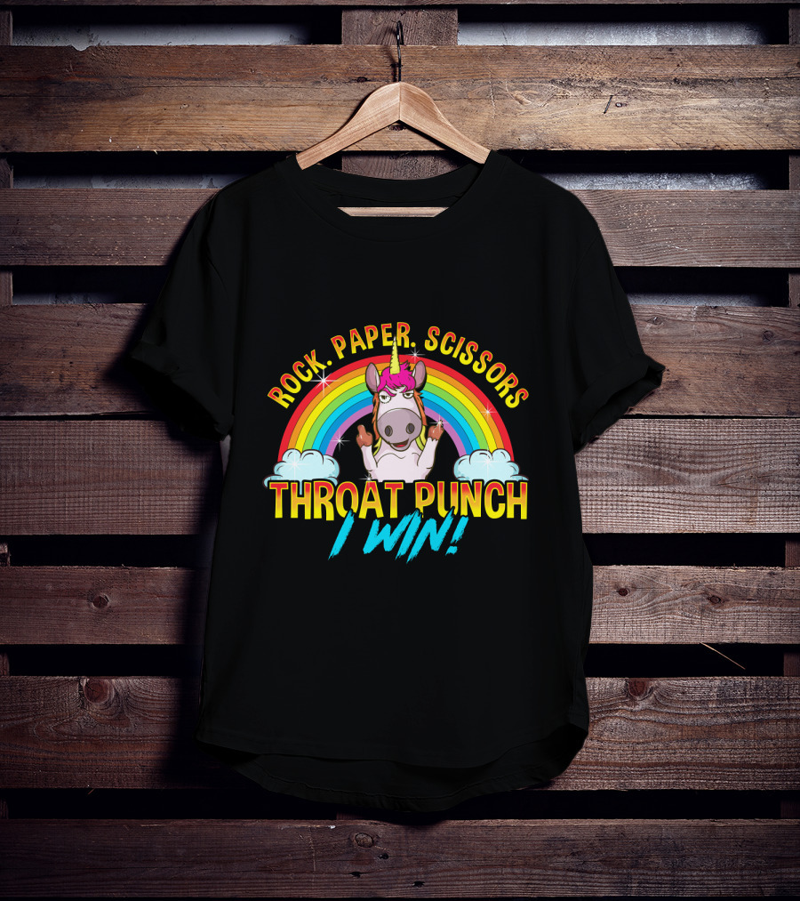 Rock Paper Scissors Throat Punch I Win Unicorn Rainbow T-Shirt