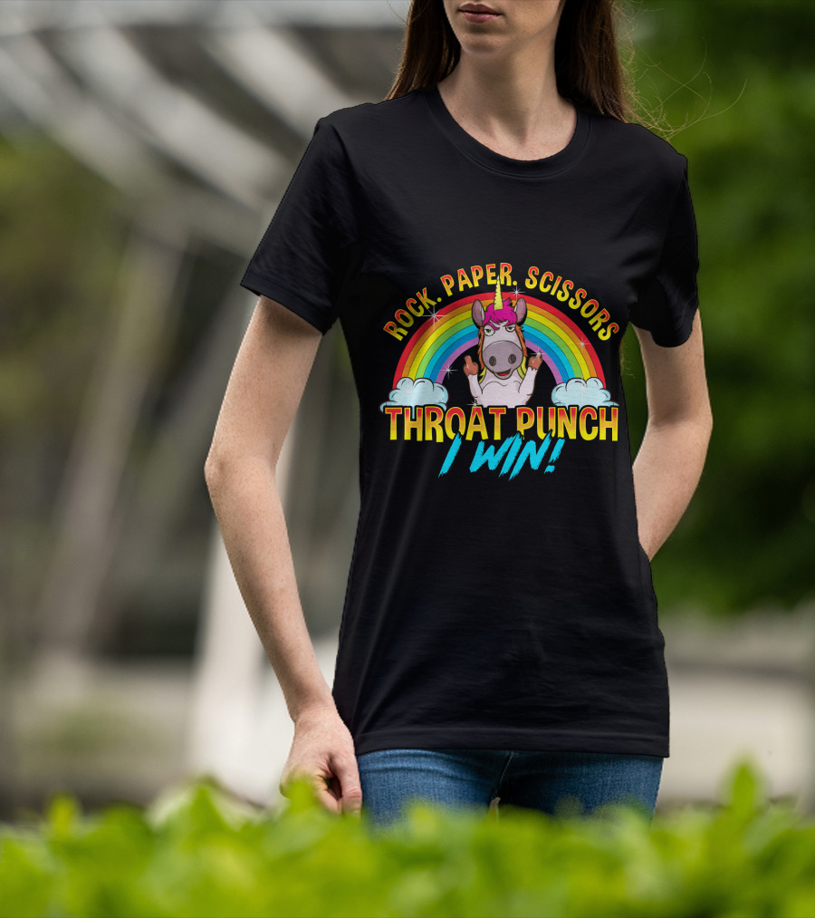 Rock Paper Scissors Throat Punch I Win Unicorn Rainbow T-Shirt