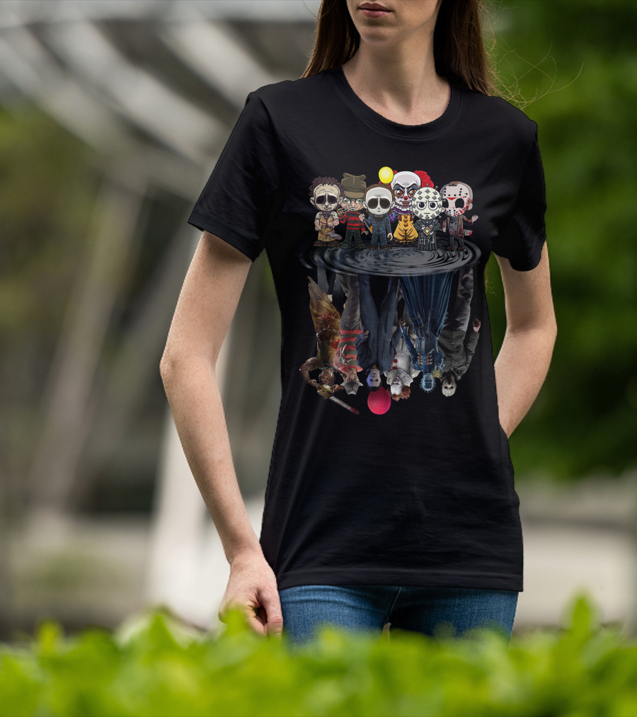 Horror Icons Chibi Reflections In Water Mirror T-Shirt