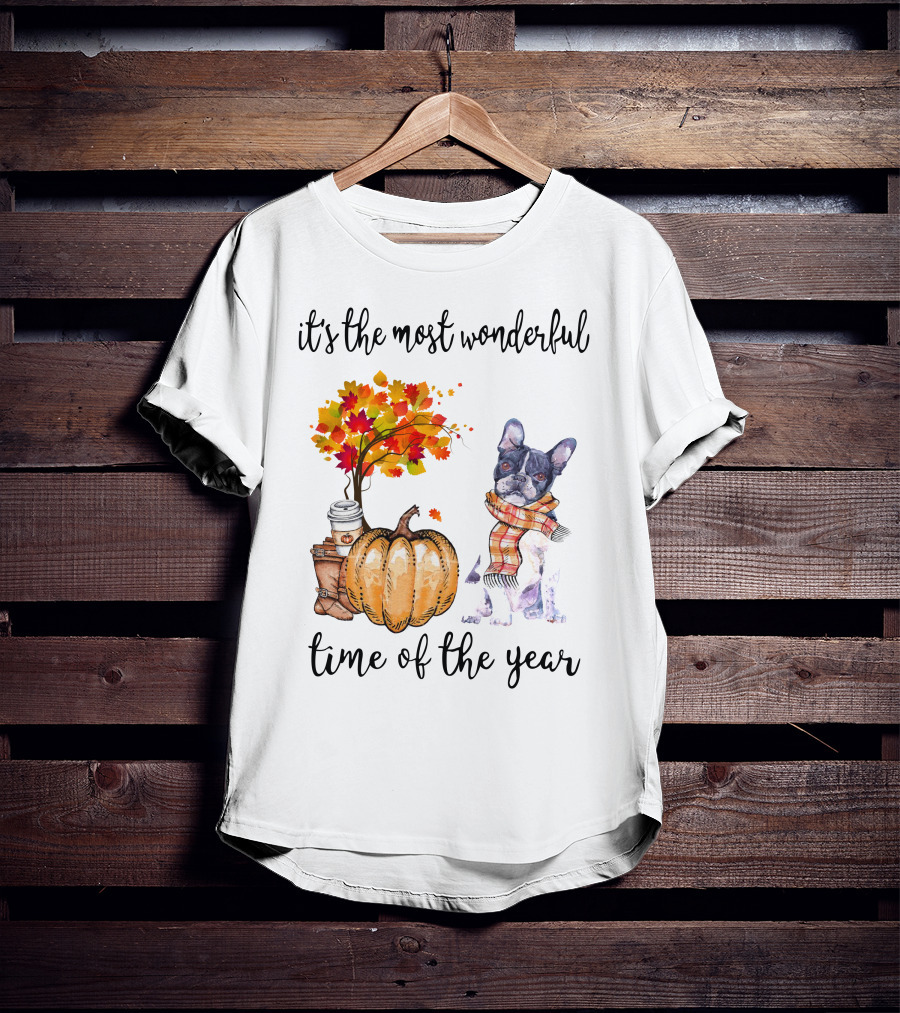 Its The Most Wonderful Time Of The Year Boston Terrier Autumn Pumpkin Leaves Coffee T-Shirt