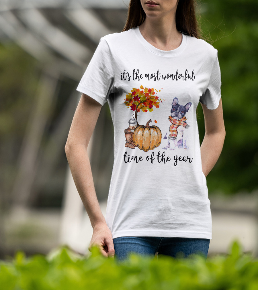 Its The Most Wonderful Time Of The Year Boston Terrier Autumn Pumpkin Leaves Coffee T-Shirt