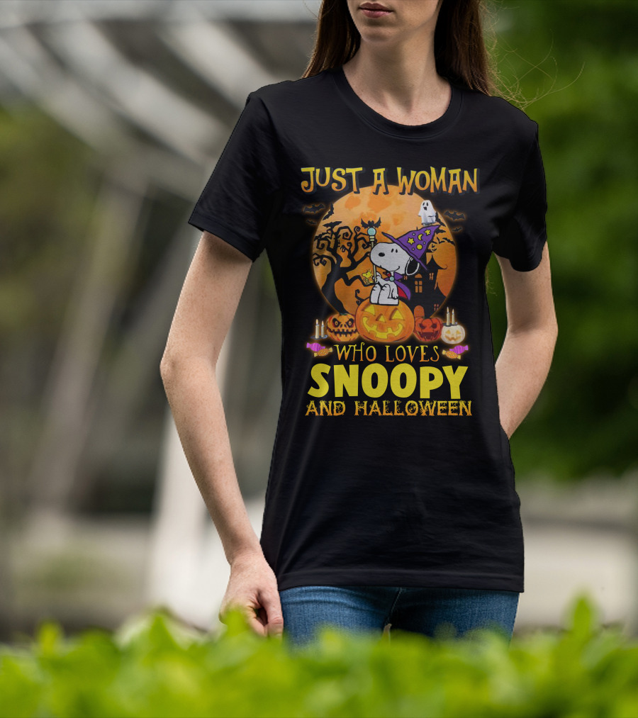 Just A Woman Who Loves Snoopy And Halloween T-Shirt