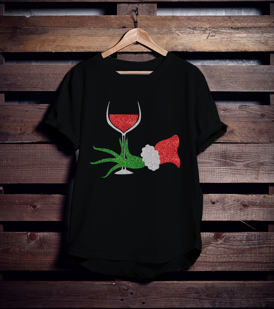 Grinch Hand Santa Hat Wine Glass Red Green Sparkle T-Shirt