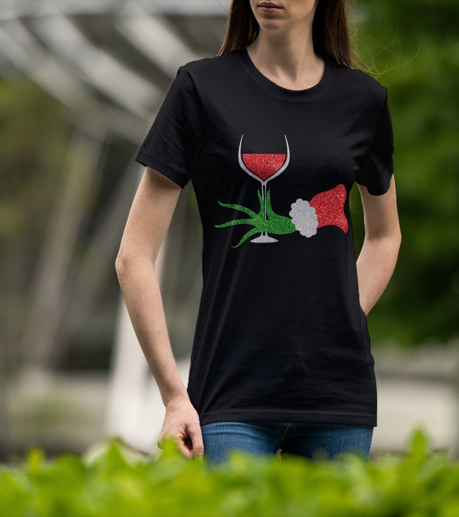 Grinch Hand Santa Hat Wine Glass Red Green Sparkle T-Shirt