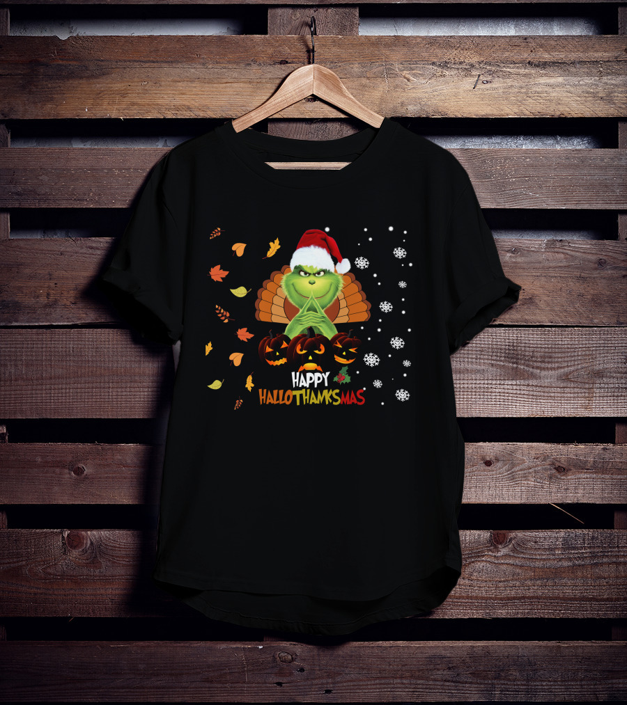 Grinch Happy Hallothanksmas Turkey Santa Hat Pumpkins Leaves Snowflakes T-Shirt