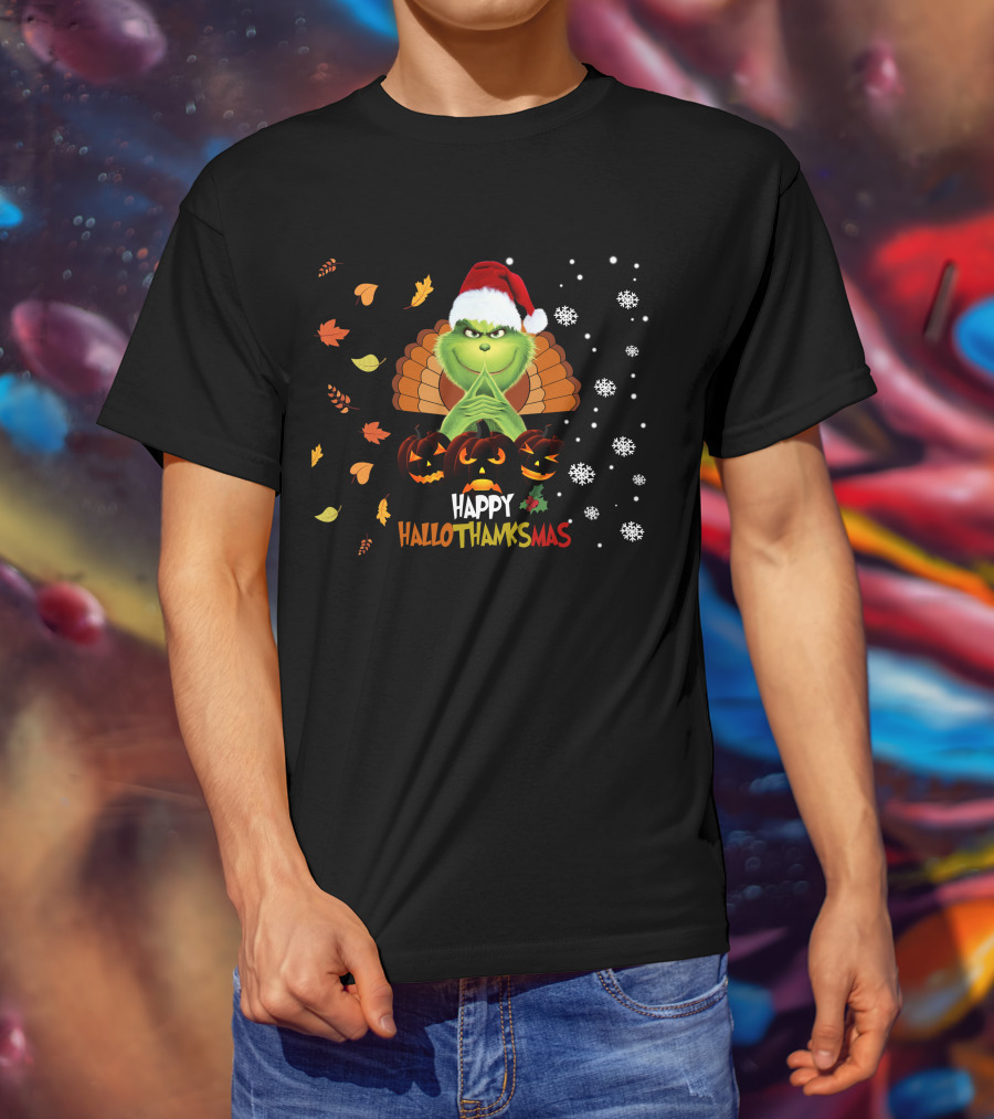 Grinch Happy Hallothanksmas Turkey Santa Hat Pumpkins Leaves Snowflakes T-Shirt