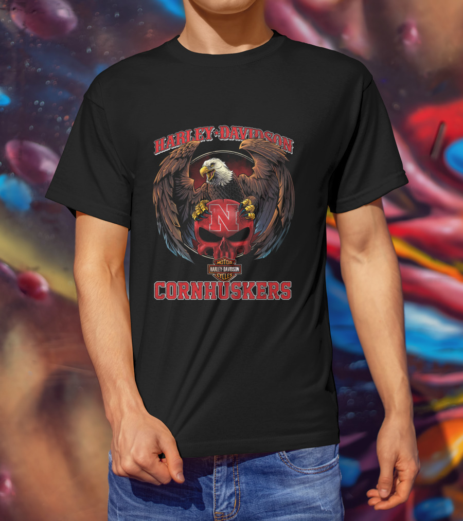 Harley Davidson Cornhuskers Nebraska N Logo Eagle Motor Cycles T-Shirt