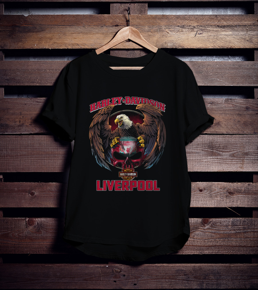 Harley Davidson Liverpool Eagle Holding Shield With Motorcycle Cycles T-Shirt