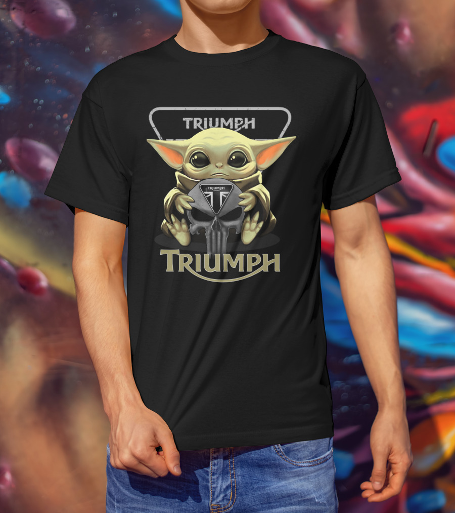 Triumph Motorcycles Baby Yoda Holding Triumph Skull T-Shirt