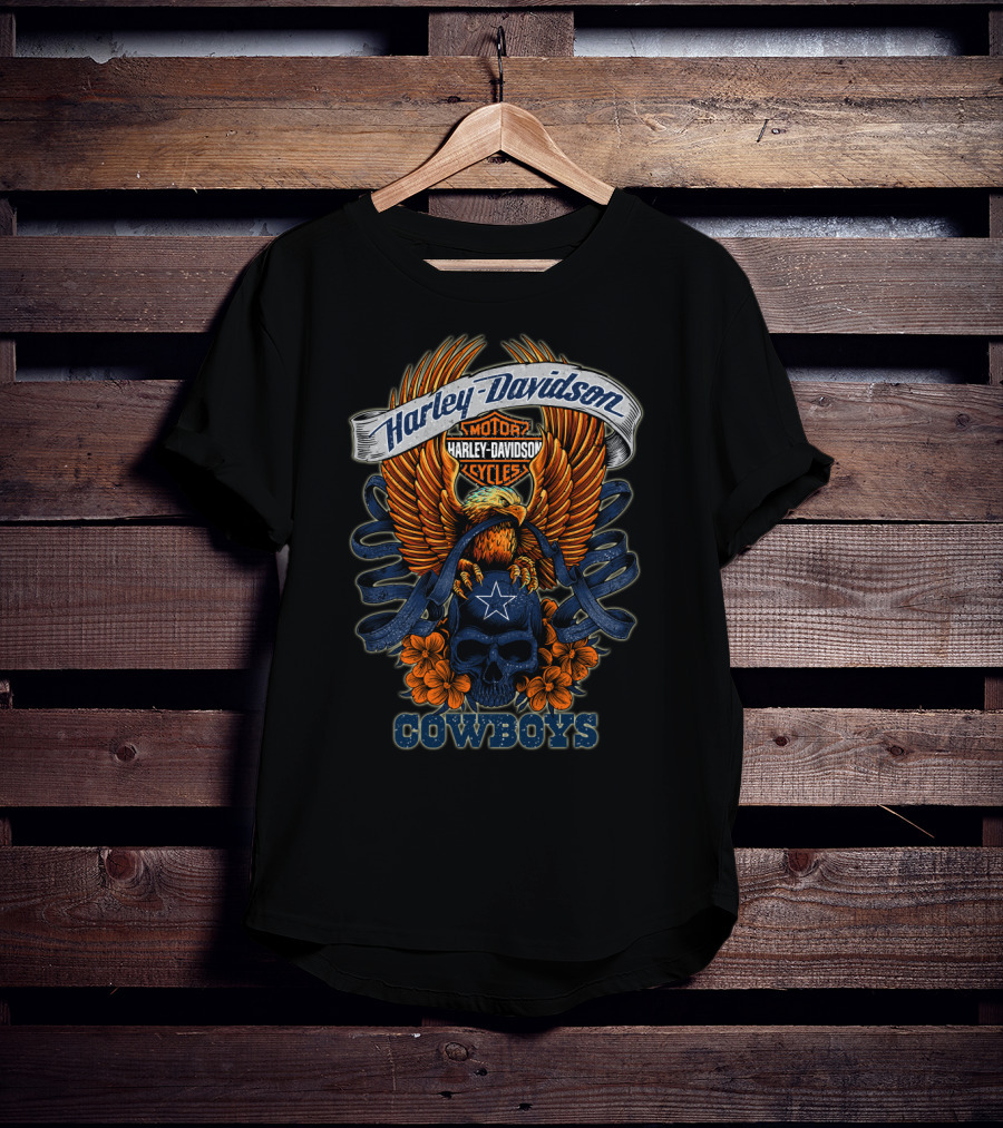 Harley Davidson Motor Cycles Eagle Skull Flowers Cowboys T-Shirt