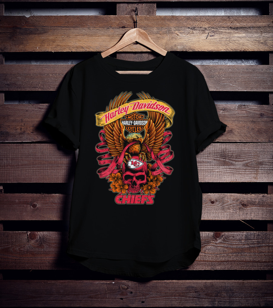 Harley Davidson Kansas City Chiefs Skull Eagle Flowers T-Shirt