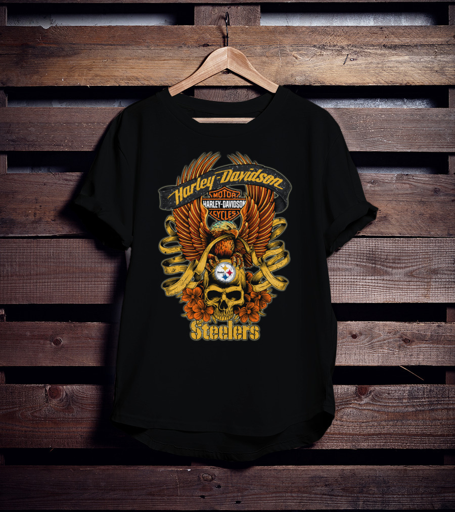Harley Davidson Pittsburgh Steelers Nfl H5 Motorcycles Cycles Eagle Skull T-Shirt