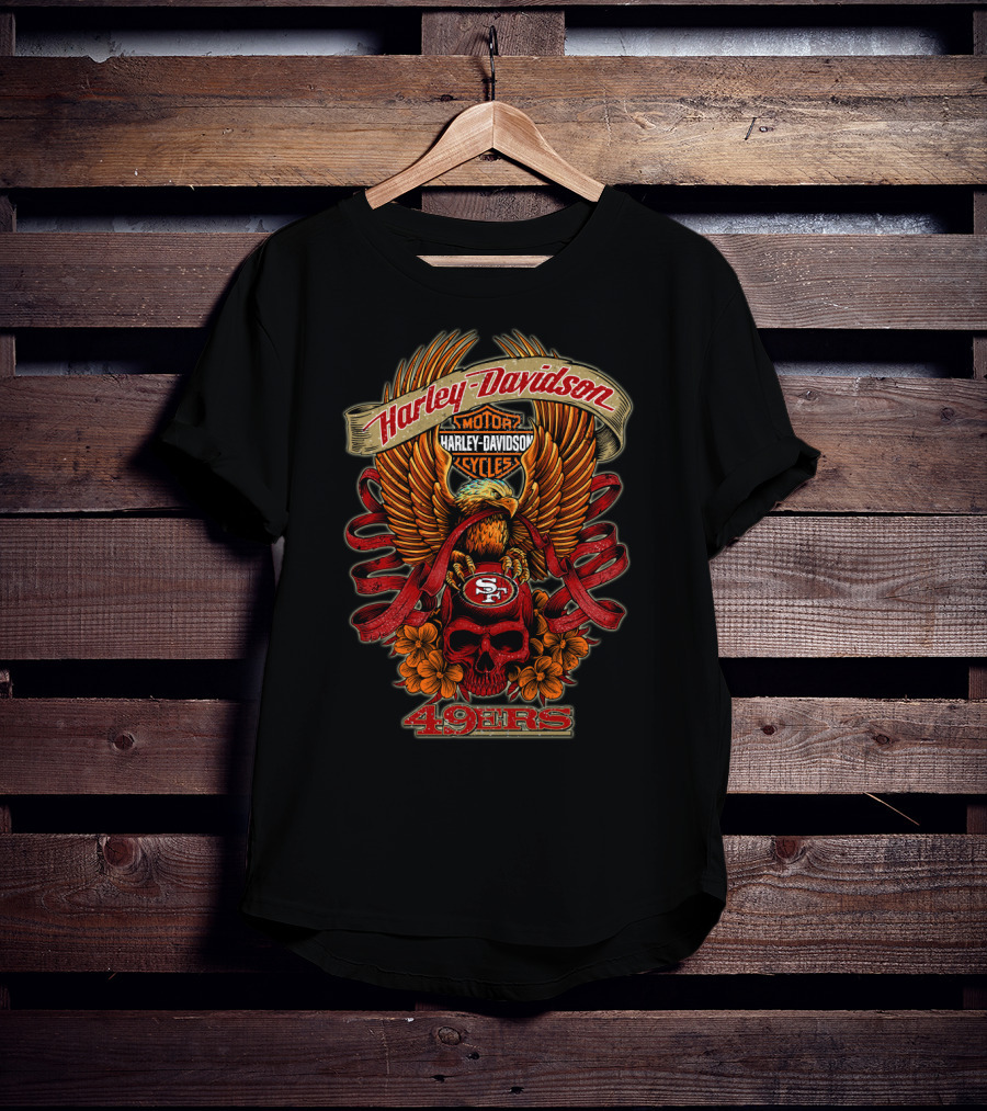 Harley Davidson San Francisco 49ers 49ers Eagle Skull Flowers T-Shirt