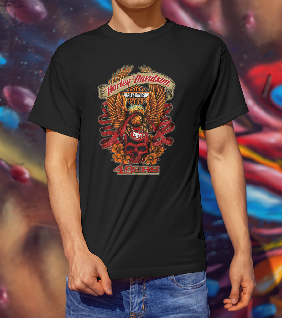 Harley Davidson San Francisco 49ers 49ers Eagle Skull Flowers T-Shirt