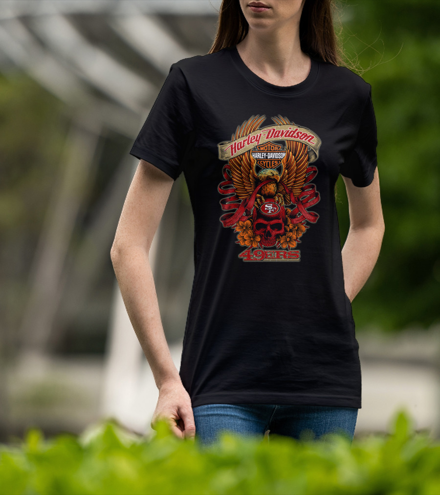 Harley Davidson San Francisco 49ers 49ers Eagle Skull Flowers T-Shirt