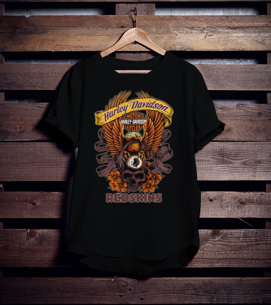 Harley Davidson Motor Cycles Redskins Eagle Skull Flowers T-Shirt