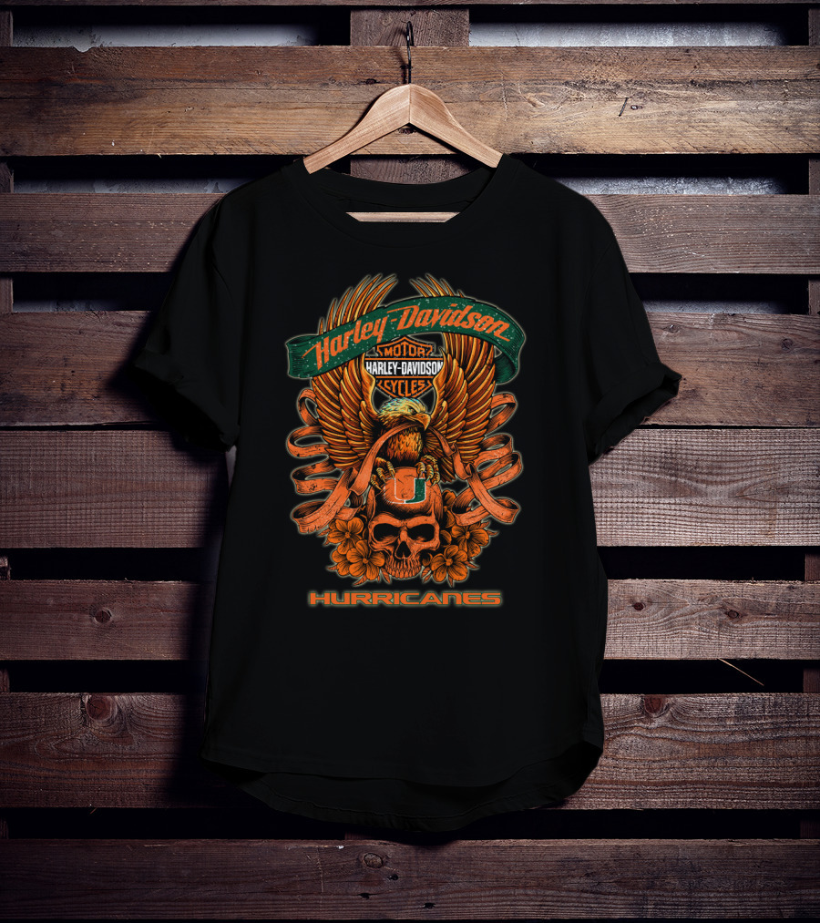 Harley Davidson Motor Cycles Miami Hurricanes Eagle Skull Ribbon Art T-Shirt