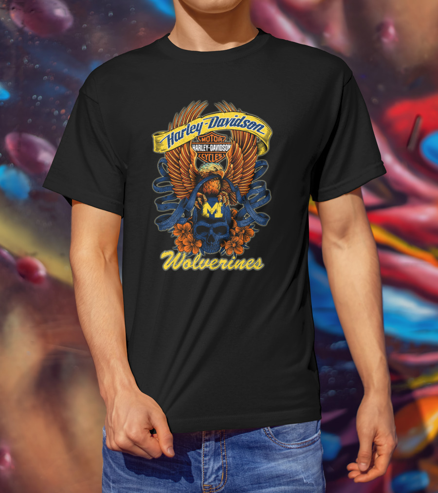 Wolverines Harley Davidson Michigan Motorcycles Eagle Skull T-Shirt