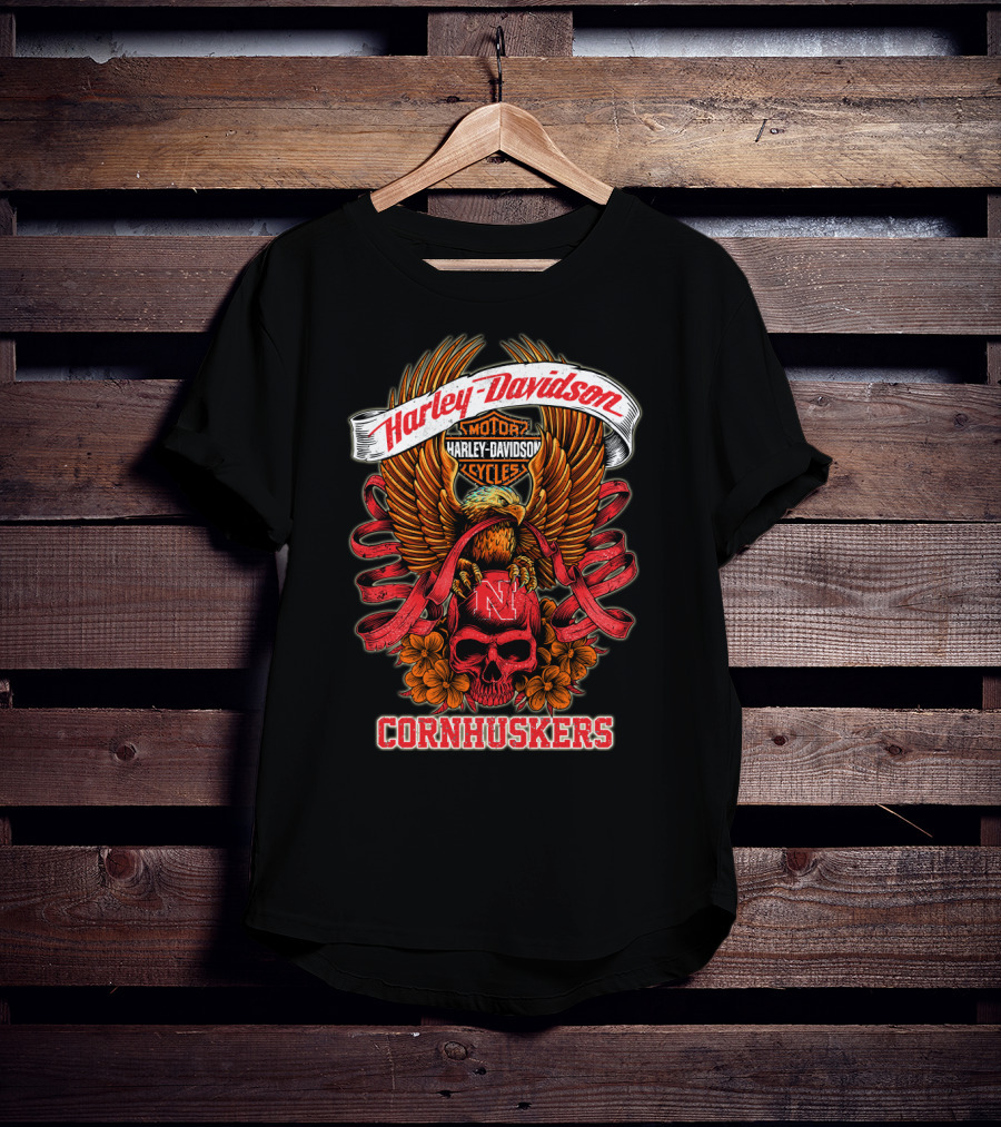 Harley Davidson Motor Cycles Nebraska Cornhuskers Eagle And Skull T-Shirt