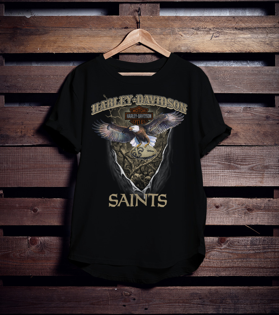 Harley Davidson Motor Cycles Eagle New Orleans Saints T-Shirt