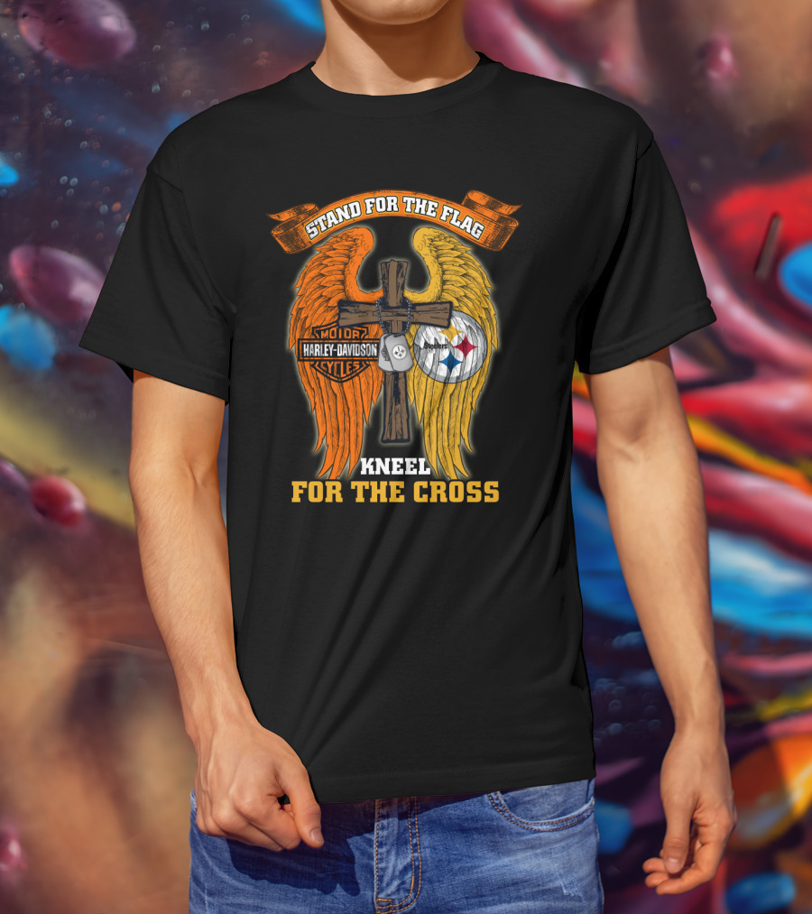 Stand For The Flag Kneel For The Cross Harley Davidson Pittsburgh Steelers Wings T-Shirt