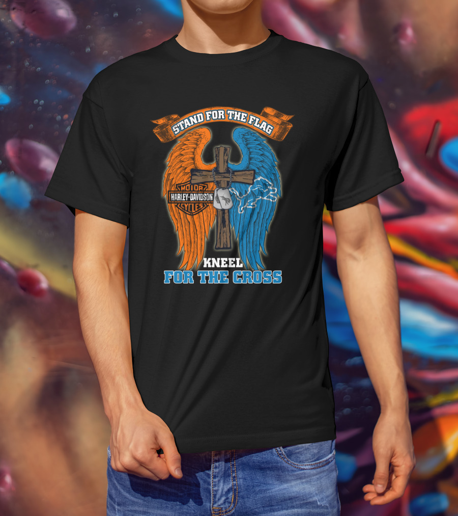 Stand For The Flag Kneel For The Cross Harley Davidson Detroit Lions T-Shirt