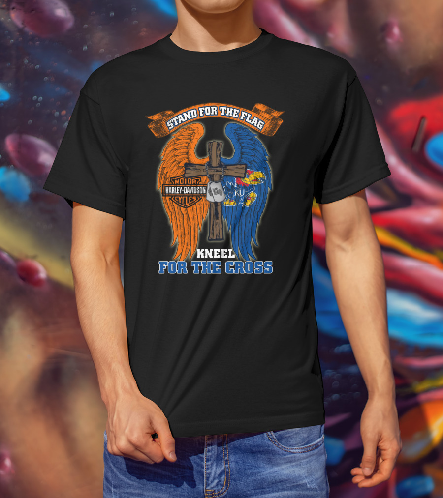 Stand For The Flag Kneel For The Cross Harley Davidson Motorcycles Kansas Jayhawks Ku T-Shirt