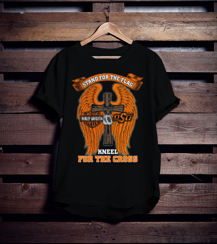 Stand For The Flag Kneel For The Cross Harley Davidson Osu Oklahoma State Cowboys T-Shirt