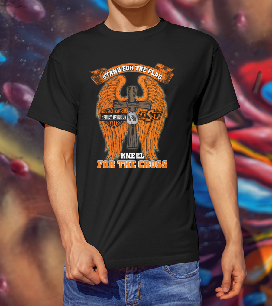 Stand For The Flag Kneel For The Cross Harley Davidson Osu Oklahoma State Cowboys T-Shirt