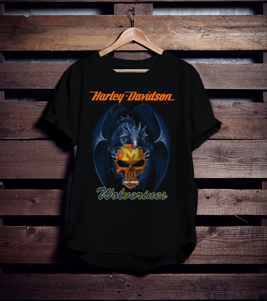 Harley Davidson Michigan Wolverines Dragon Skull Motor Cycles T-Shirt