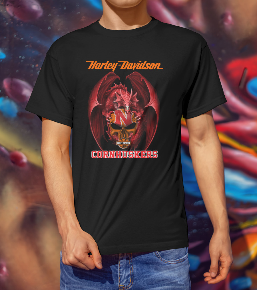 Harley Davidson Nebraska Cornhuskers Dragon Motorcycle Cycles T-Shirt