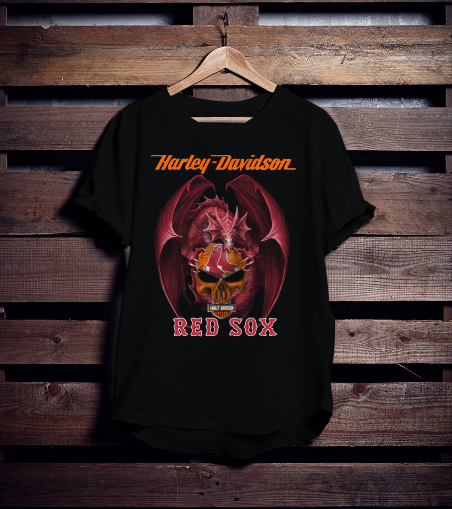 Harley Davidson Red Sox Dragon Skull Motor Cycles T-Shirt