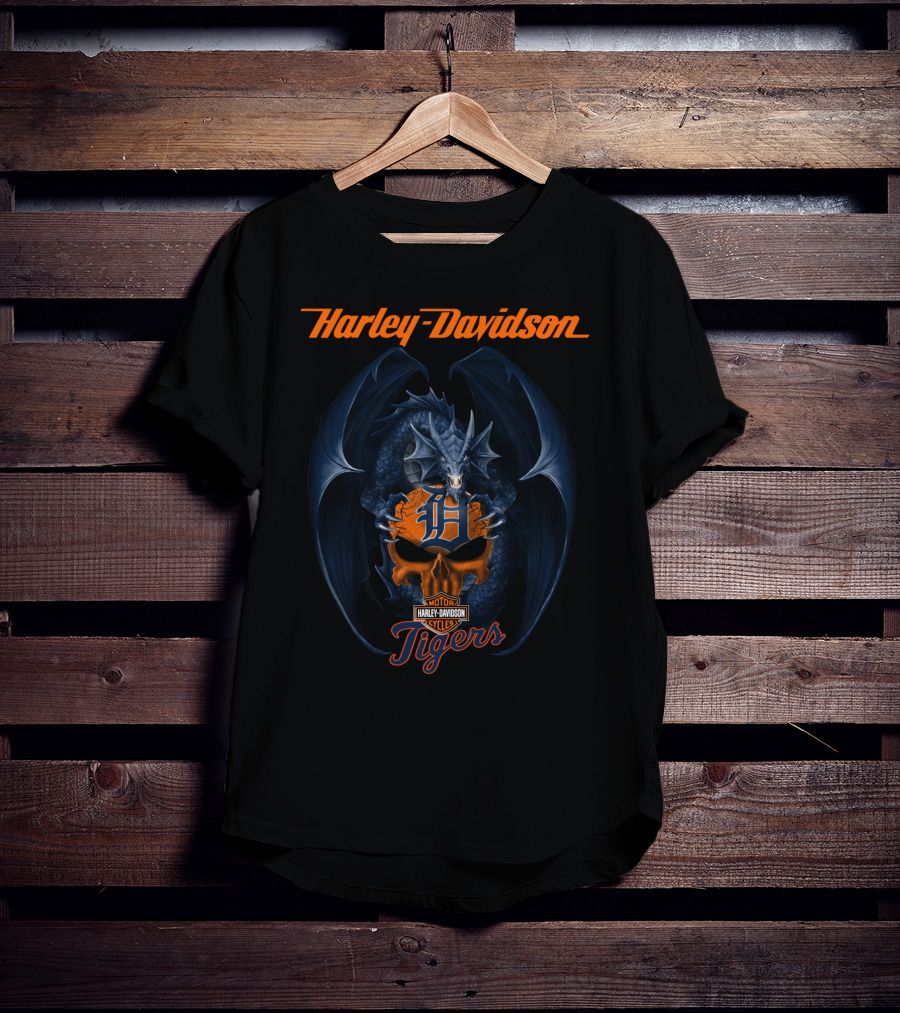 Harley Davidson Detroit Tigers Dragon Motor Cycles T-Shirt
